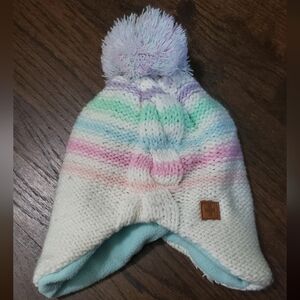 Swiss Tech Girls Winter Knit Peruvian Pom Beanie – Cream Multicolor Striped Flee